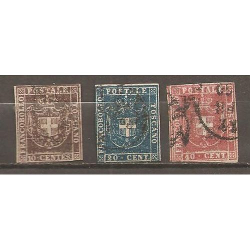 3 Timbres Obliteres Non Denteles Traces De Charnieres Italie Anciens Etats Toscane Gouvernement Provisoire 1860 Armoiries Yt 19 20 216