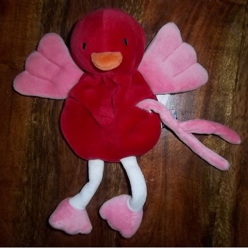 Doudou Peluche Oiseau Tetinou Sucre D'orge Rouge Colibri  Rouge Rose Bec Orange