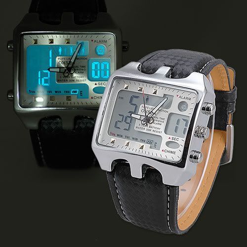 Imposante Montre Sport Ultra Tendance - Double Affichage (Analogique + Digital) - 2 Fuseaux Horaires -  Boitier 45 X 48 Mm - Alarme, Chrono, Etc... Bracelet Cuir Noir
