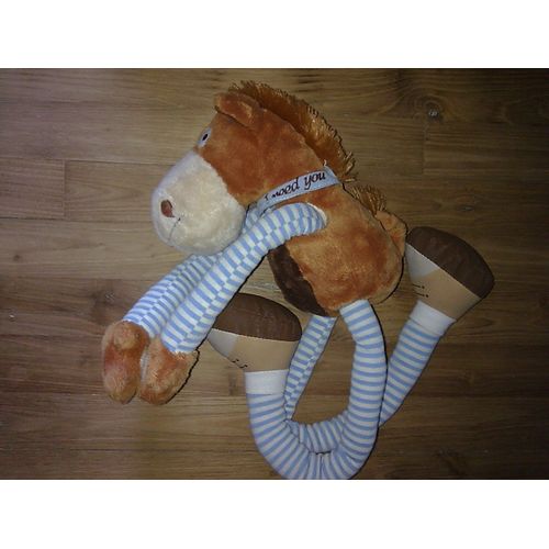 Doudou Peluche Cheval Maxita Rayé Bleu Marron Bandana I Need You Bras Et Jambes A Tirer