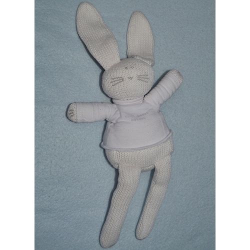 Lapin Doudou Tricot Blanc Tee Shirt Inscription Tout Petit Bateau 24 Cm + Les Oreilles 10 Cm