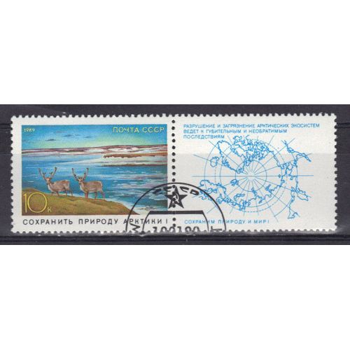 Russie 1989 : Préservation De La Nature Dans Le Monde : Préservation De La Nature En Arctique : Rennes Et Paysage Avec Glaces - Timbre Oblitéré Avec Vignette Attenante