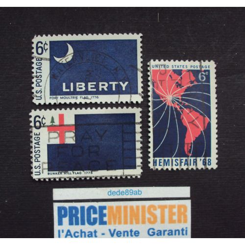 Etats-Unis..3 Timbres U.S.Postage De 1968.Liberty Fort Moultrie Flag 1776 - Bunker Hill Flag 1775 & Hemisfair'68. Oblitérés.