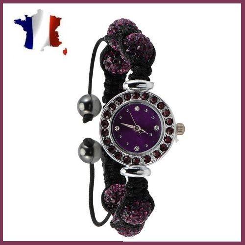 Montre Strass Et Bracelet Shamballa-Boules De Cristaux Swarovski Violettes Et Hematites-Disco Watches