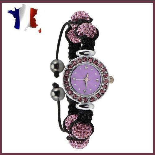 Montre Strass Et Bracelet Shamballa-Boules De Cristaux Swarovski Roses Et Hematites-Disco