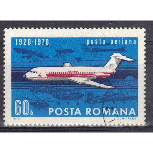 Roumanie 1970 Poste Aerienne : 50è Anniversaire De L'aviation Civile : "Bac 1-11" En Vol - Timbre Oblitéré