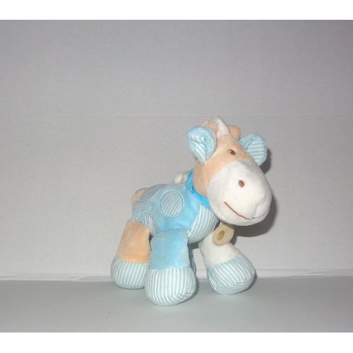 Vache Ou Poney Bleu Et Beige Brodé Hochet Doudou Peluche Babynat'