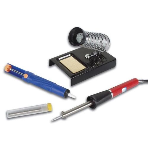KIT DE SOUDAGE ELECTRIQUE  (FER A SOUDER 25W+POMPE A DESSOUDER VTD+SUPPORT POUR FER A SOUDER STANDLC+TUBE DE SOUDURE)