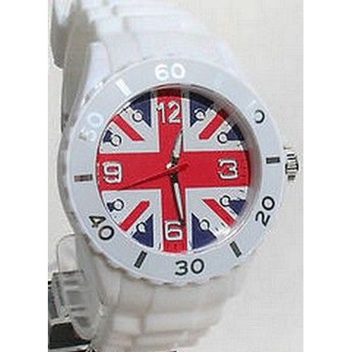 Montre Fashion - Drapeau D'angleterre (Anglais / Uk / Britannique / Grande Bretagne / Union Jack - Bracelet Silicone Blanc Ice-Berg - Ø Boitier: 45 Mm