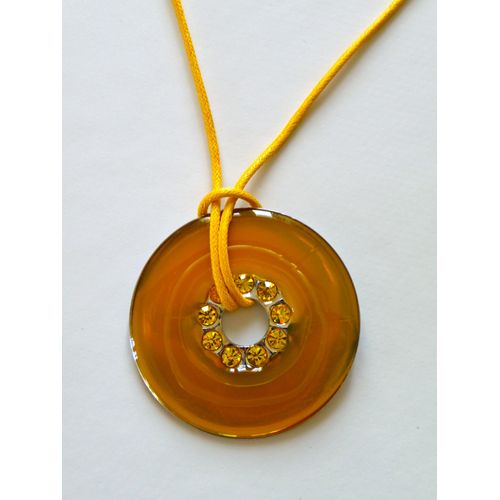 Collier Donuts A Disque Émaillé Jaune Et Petits Strass Neuf