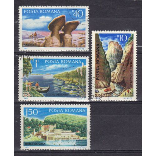Roumanie 1971 : Paysages : Gorges (Bicazului) / Rochers Sculpés (Babele) / Delta Du Danube / Hôtel (Baïle Sovata) - Série De 4 Timbres Oblitérés