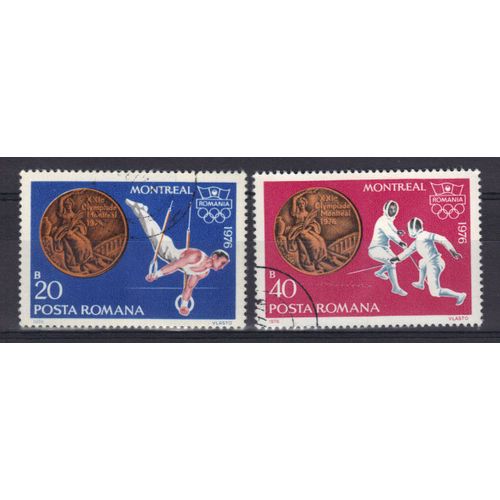 Roumanie 1976 : Médailles Aux 21è Jeux Olympiques D'été De Montréal : Anneaux / Escrime - Série De 2 Timbres Oblitérés