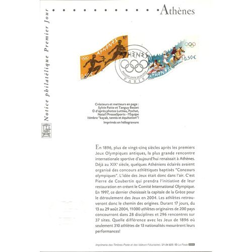 Jeux Olympiques Athènes 2004 1er Jour Notice Philatélique