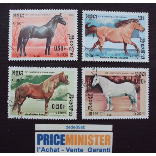 R.P. Kampuchea.. (Cambodge) 4 Timbres "Chevaux" :  Arab - Australian Pony - Cob - Vladimir Heavy Draught. Oblitérés.