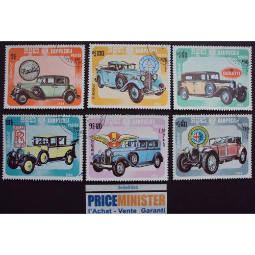 Cambodge..R.P.Kampuchea.Lot De 6 Timbres "Automobile" Mercédès-Bugatti-Franklin-Alfa Roméo-Roll Royce-Ford. Oblitérés.