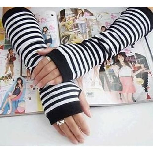 Paire De Mitaine Gant Mode  Longue Emo Punk Rock Gothic Gothique Noir Raye