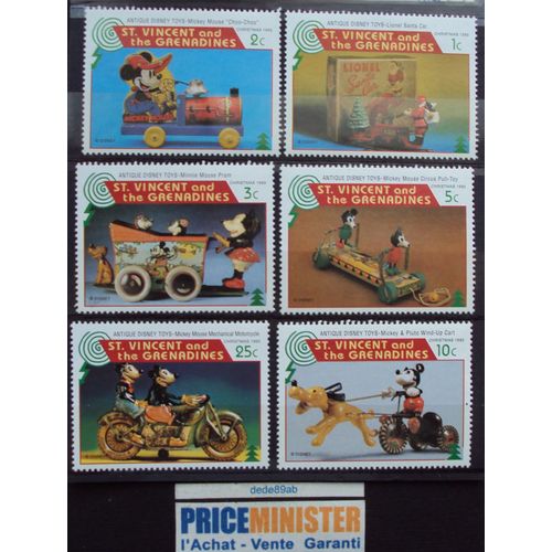 Antilles..St Vincent & Grenadines.Lot De 6 Timbres.Mickey-Minnie-Pluto-Lionel Santa Car.Circus Pull-Toy.Collection Disneyland Paris.