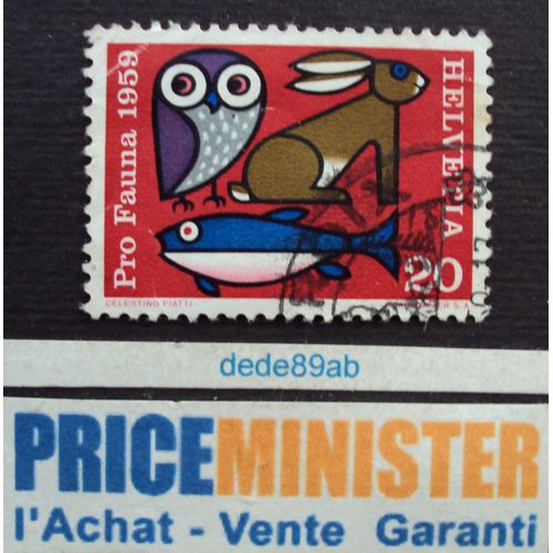 Suisse..20 Helvetia.Pro Fauna 1959. Chouette-Lapin-Poisson. Oblitéré.
