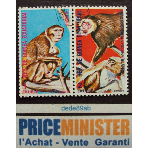 Guinée..2 Timbres Rep.De Guinéa Ecuatorial. Singes : Rhesus & Macaco Caras Roja Y Blanca. Oblitérés.