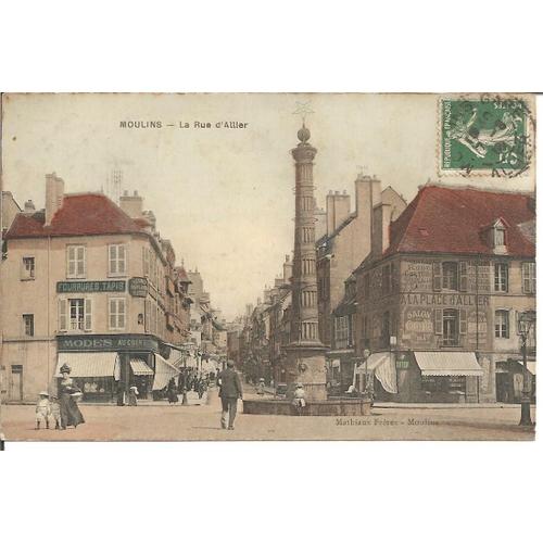 Carte Postale Ancienne Colorisée Animée ( Tampon De La Poste : 1910 ) - Moulins : La Rue D'allier ( Avec 1 Timbre Oblitéré )