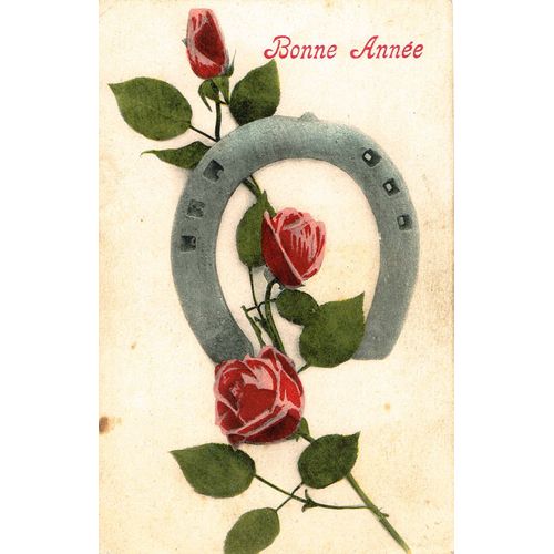 Carte Postale Ancienne, Bonne Année, Fer À Cheval, Roses, Fleurs