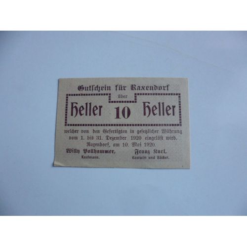 Autriche 10 Heller 1920 Ville De Raxendorf , Billet D'urgence