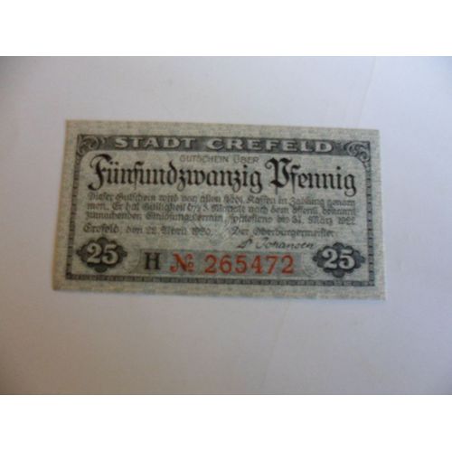 Allemagne Crefeld Billet D'urgence 25 Pfennig 1920   Neuf/Unc !!