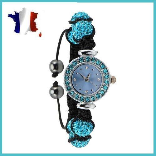Montre Strass Et Bracelet Shamballa-Boules De Cristaux Swarovski Bleues Et Hematites-Disco Watches