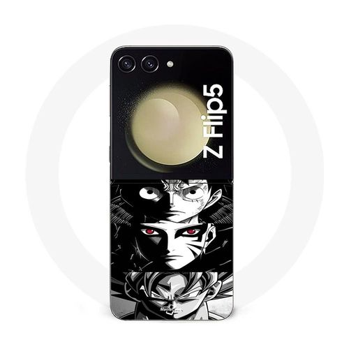 Coque Samsung Galaxy Z Flip5 Sangoku Naruto Luffy One Piece Dragon Ball Z Fond Noir Et Blanc, Anime Manga