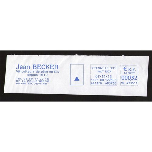 Ema Empreinte Machine À Affranchir Viticulteurs Jean Becker 68340 Riquewihr 0,32 Euro 07.11.12 France