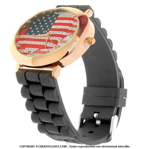 Montre Quartz - Boitier Métal Doré Ø 41 Mm - Usa Flag - Drapeau Américain (États-Unis) - Banière Étoilée - Bracelet Silicone