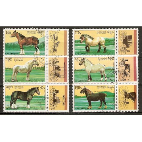 Lot De 6 Timbres Chevaux Avec Vignettes Kampuchea 1989