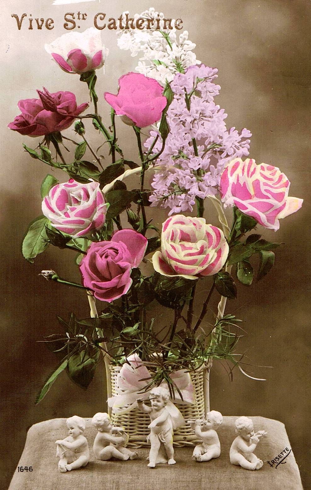 Carte Postale Ancienne Vive La Sainte Catherine Petits Anges En Albatre Panier De Fleurs Roses Lilas Rakuten