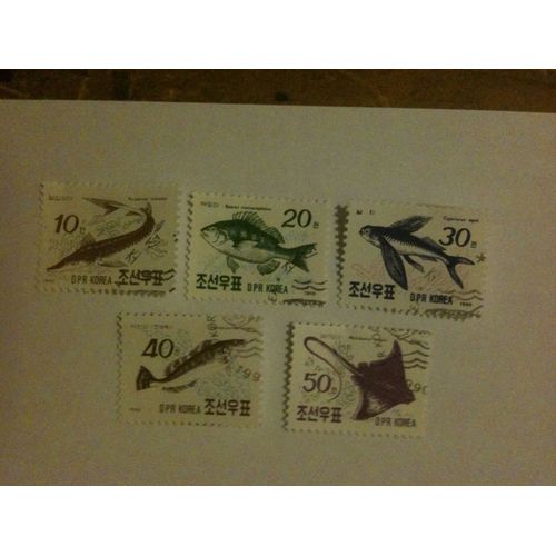 Lot De 5 Timbres Poissons Corée Du Nord 1990