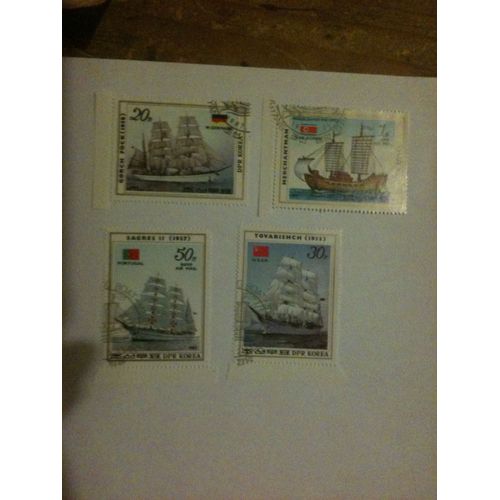 Lot De 4 Timbres Bateaux Anciens Corée Du Nord 1987