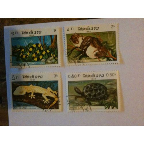 Lot De 4 Timbres Animaux Laos 1984