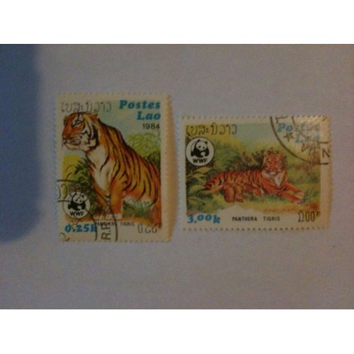 Lot De Deux Timbres Wwf Tigre Laos 1984