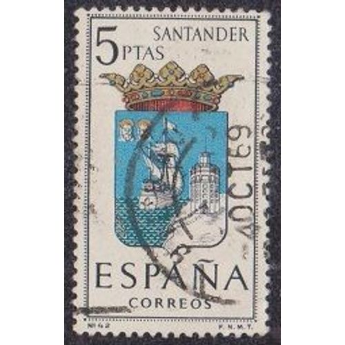 Timbre D'espagne N°1301 Y&t 5 P Noir Et Polychrome Armoiries De Provinces Santander