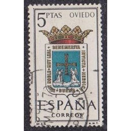 Timbre D'espagne N°1256 Y&t 5 P Noir Et Polychrome Armoiries De Provinces Oviedo