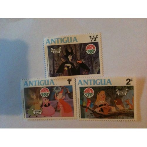 Lot De 3 Timbres Disney La Belle Au Bois Dormant Noël 1980 Antigua
