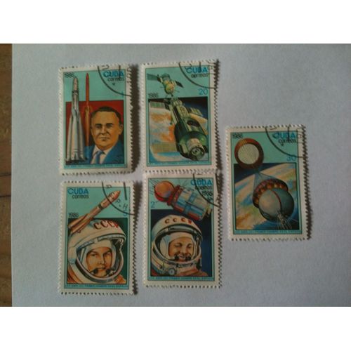 Lot De 5 Timbres 25ème Anniversaire Du Premier Homme Dans L'espace Cuba 1986