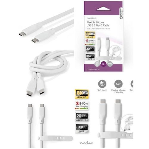 Câble USB 3.2 Gen 2 USB-C¿ Mâle USB-C¿ Mâle 240W 8K 30Hz 20 Gbps 1.00 m Rond Silicone Blanc