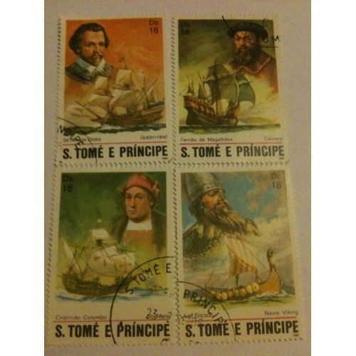 Lot De 4 Timbres Explorateurs San-Tomé-Et-Principe 1982