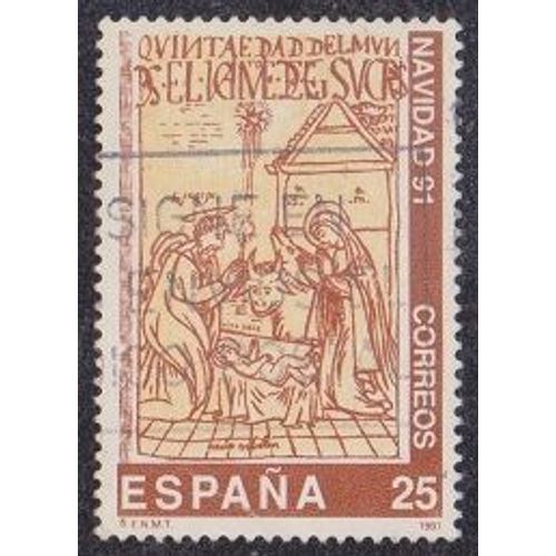 Timbre D'espagne N°2751 Y&t 25 P Brun-Rouge Et Paille Noël "La Sainte Famille" D'après Manuscrit Du 17ème Siècle