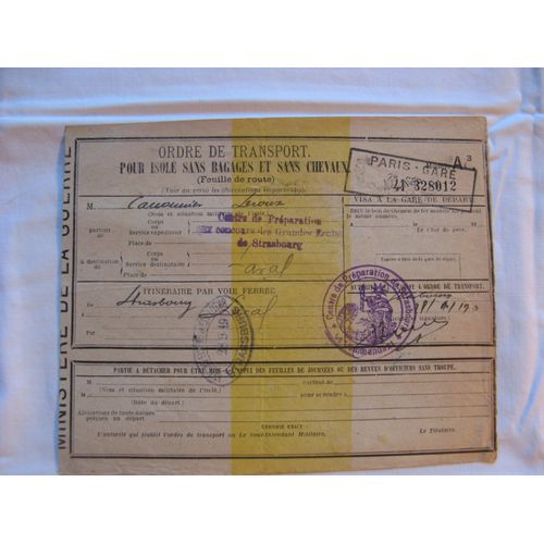 Feuille De Route 09/1919 De Paris À Strasbourg (Centre De Préparation Grandes Ecoles)
