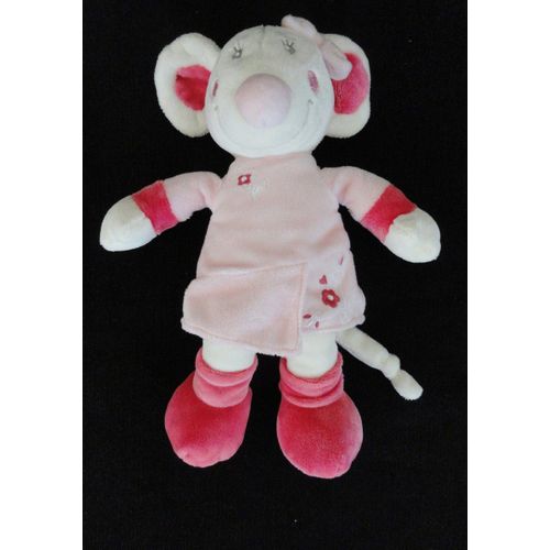Doudou Souris Blanc Rose Fushia Vetir 25 Cm