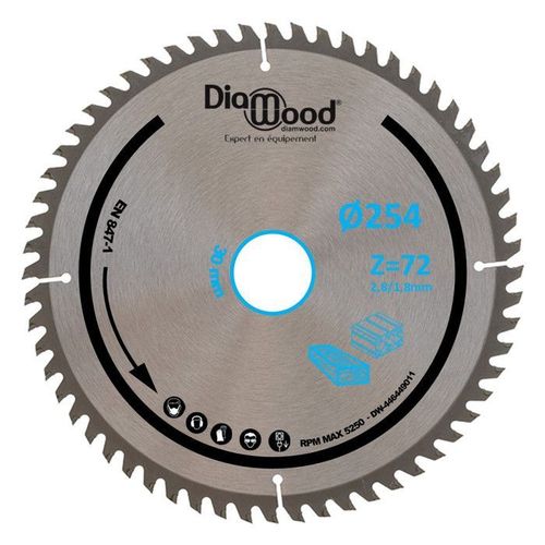 Lame de scie circulaire HM finition D. 254 x Al. 30 x ép. 2,8-1,8 mm x Z72 TP Nég pour Alu-bois - Diamwood