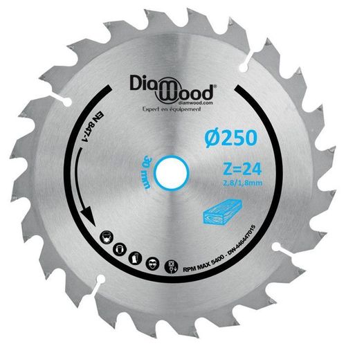 Lame de scie circulaire HM débit D. 250 x Al. 30 x ép. 2,8-1,8 mm x Z24 Alt pour bois - Diamwood