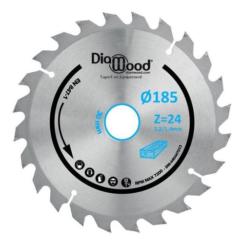 Lame de scie circulaire portative HM débit D. 185 x Al. 30 x ép. 2,2-1,4 mm x Z24 Alt pour bois - Diamwood