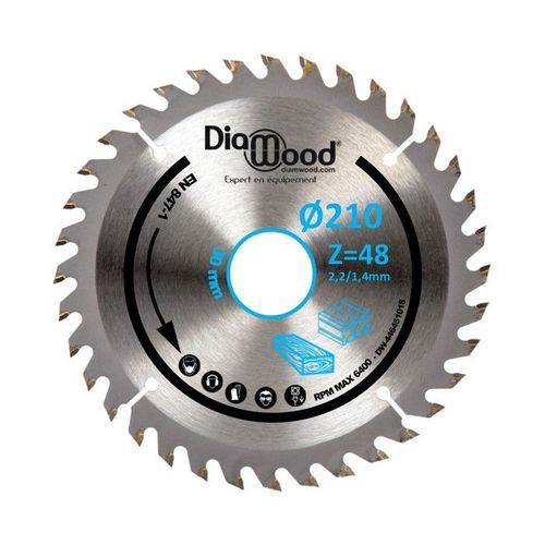 Lame de scie circulaire HM universelle D. 210 x Al. 30 x ép. 2,2-1,4 mm x Z48 TP Nég pour Alu-bois - Diamwood